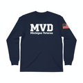 Navy long sleeve shirt with MVD Michigan Veteran print and white American flag on sleeve
