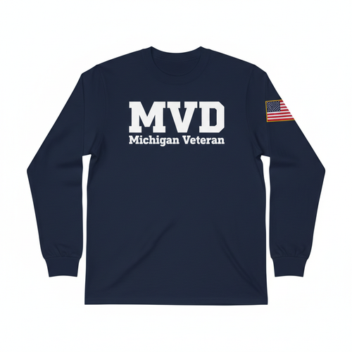 Navy long sleeve shirt with MVD Michigan Veteran print and white American flag on sleeve